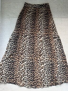 Ganni Leopard Pleated Georgette Skirt, Size 36